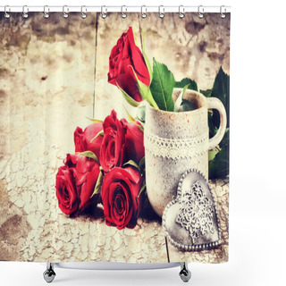 Personality  Valentine's Setting With Bouquet Of Red Roses Shower Curtains