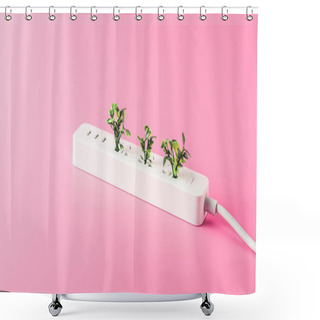 Personality  Close-up View Of White Socket Outlet With Green Leaves Isolated On Pink Shower Curtains