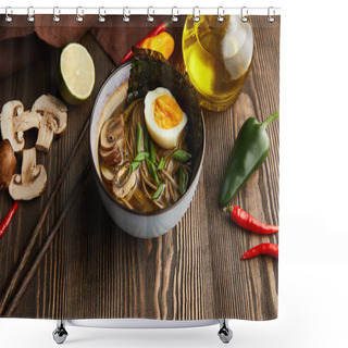 Personality  Traditional Spicy Ramen In Bowl With Chopsticks And Vegetables On Wooden Table With Napkin Shower Curtains