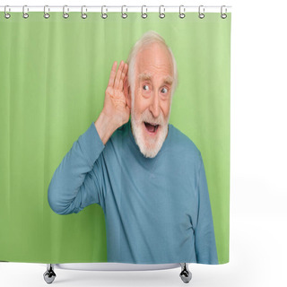 Personality  Photo Of Funky Aged Beard Man Listen Wear Blue Sweater Isolated On Green Color Background Shower Curtains