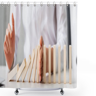 Personality  Panoramic Shot Of Businesswoman Holding Falling Building Blocks On Table Shower Curtains