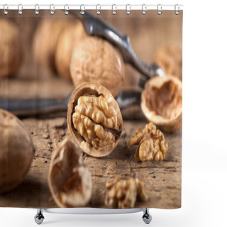Personality  Walnut Kernels On Rustic Old Oak Table. Shower Curtains