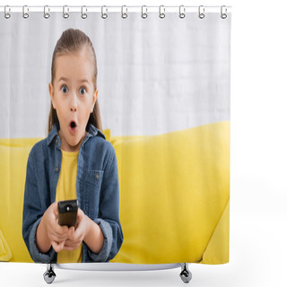 Personality  Shocked Child Holding Blurred Remote Controller On Couch  Shower Curtains