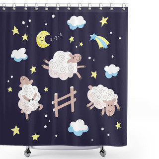Personality  Good Night Cartoon Illustration For Kids. Hand Drawn Cute Sheep Jumping Over The Fence In The Night Sky. Vector Illustration. Shower Curtains