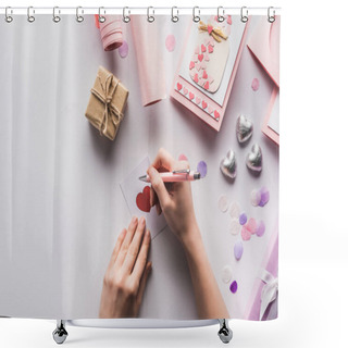 Personality  Cropped View Of Woman Writing On Card Near Valentines Decoration, Gifts, Hearts And Wrapping Paper On White Background Shower Curtains