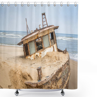 Personality  Stranded Boat At The Coast Of The Namibian Desert. Shower Curtains