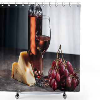 Personality  Wine Bottle, Glass, Cheeses And Grapes On Grey Shower Curtains
