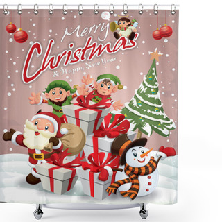 Personality  Vintage Christmas Poster Design With Santa Claus, Snowman, Elf & Angel Shower Curtains