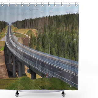 Personality  Steel Bridge Over River Forest, Concrete Pillars Supporting Metal Structures. Shower Curtains