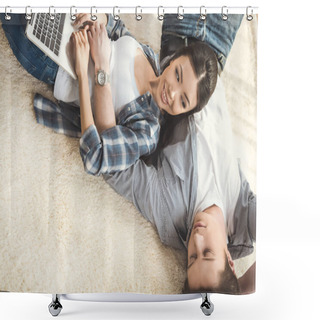 Personality  Woman Lying On Boyfriend And Using Laptop Shower Curtains