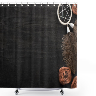 Personality  Top View Of Clay Amulets And Shamanic Dreamcatcher On Dark Wooden Surface Shower Curtains
