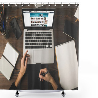 Personality  Cropped Shot Of Designer Using Graphics Tablet And Laptop With Amazon Website On Screen  Shower Curtains