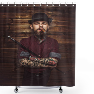 Personality  Bearded Tattooed Guy With Walking Stick Shower Curtains