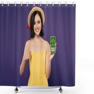 Personality  Smiling Pretty Girl In Straw Hat Showing Thumb Up While Holding Smartphone With Healthcare App Isolated On Purple  Shower Curtains