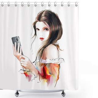 Personality  Brunette Girl Using Touchscreen Of A Smart Phone Shower Curtains