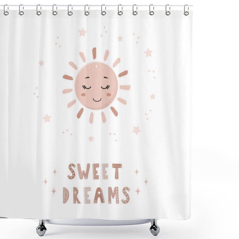 Personality  Cute Hand Drawn Sun In Boho Style. Sweet Dreams. Bohemian Illustrations For Holidays. Scandinavian Design For Wallpaper And Home Decor. Modern Vector Illustration In Different Color Shower Curtains