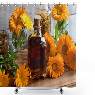 Personality  A Bottle Of Calendula Tincture With Calendula Flowers Shower Curtains