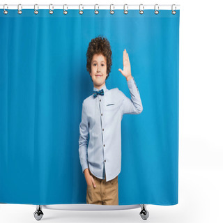 Personality  Joyful Kid In Shirt And Bow Tie Standing With Hand In Pocket And Waving Hand On Blue Shower Curtains