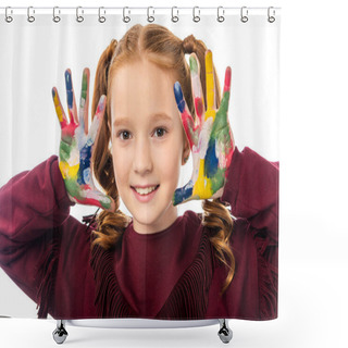 Personality  Close Up View Of Cute Schoolgirl Looking At Camera And Showing Hands Painted In Colorful Paints Isolated On White Shower Curtains