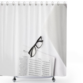 Personality  Top View Of Eyeglasses, Laptop And Newspapers On White Table Shower Curtains