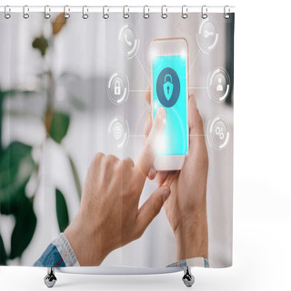 Personality  Partial View Of Man Using Smartphone With Cyber Security Sign On Screen Shower Curtains
