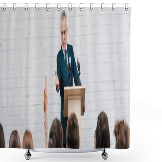 Personality  Panoramic Shot Of Happy Speaker Pointing With Hand At Journalist With Raised Hand  Shower Curtains