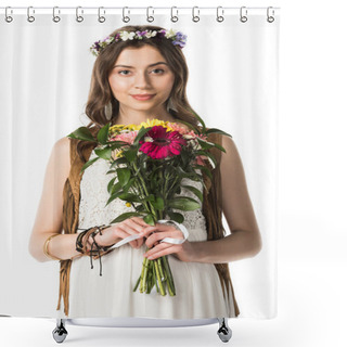 Personality  Front View Of Pregnant Hippie Woman In Wreath Holding Flowers Isolated On White Shower Curtains