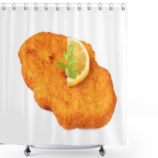 Personality  Homemade Breaded Chicken Schnitzel . Isolated On White Background Shower Curtains