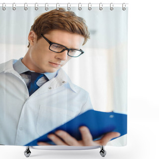 Personality  Doctor Reading Notes On Clipboard Shower Curtains