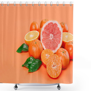 Personality  Fresh Ripe Mandarins, Grapefruit And Oranges With Green Leaves On Orange Background. Shower Curtains