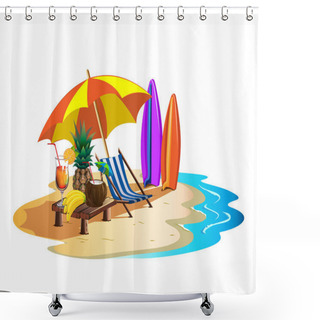 Personality  Vector Illustration Of A Summer Holiday On The Beach With A Deck Chair, Cocktails And Surfboards. Shower Curtains