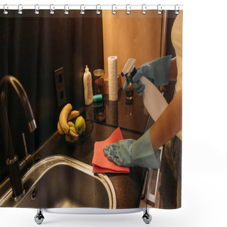Personality  Cropped View Of Woman In Rubber Gloves Cleaning Sink With Rag And Antiseptic Spray During Quarantine Shower Curtains