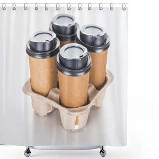 Personality  Paper Cups With Coffee In Cardboard Tray On White Background  Shower Curtains