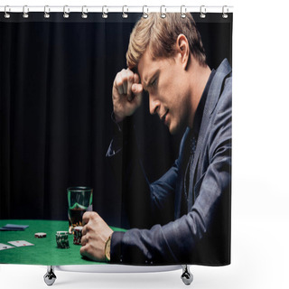 Personality  Side View Of Frustrated Man Playing Poker Isolated On Black Shower Curtains