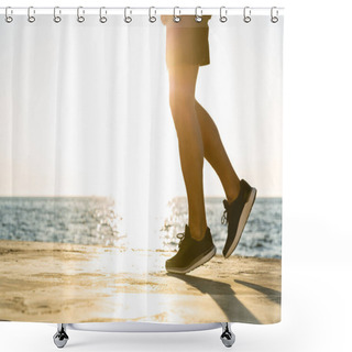 Personality  Cropped Shot Of Sportsman Jogging On Seashore In Front Of Sunrise Shower Curtains