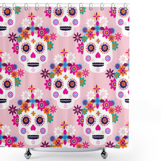Personality  Mexican Seamless Pattern, Sugar Skulls And Colorful Flowers. Template  For Mexican Celebration, Traditional Mexico Skeleton Decoration. Dia De Los Muertos, Day Of The Dead .Vector Illustration. Shower Curtains