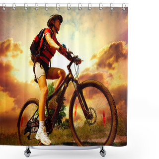 Personality  Happy Young Woman Riding Bicycle Outside. Healthy Lifestyle Shower Curtains