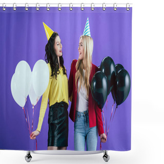 Personality  Cheerful Girls In Party Hats Holding Balloons And Looking At Each Other On Purple Background Shower Curtains