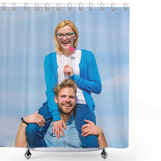Personality  Man Carries Girlfriend On Shoulders, Sky Background. Romantic Date Concept. Couple Happy Date Having Fun Together. Woman Holds Heart On Stick Symbol Of Love. Couple In Love Walking Outdoor Sunny Day Shower Curtains