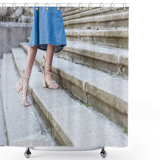 Personality  Cropped Shot Of Woman In Denim Skirt And Fashionable Shoes Standing On Steps On Street Shower Curtains