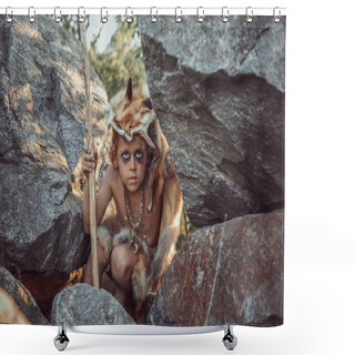 Personality  Caveman, Manly Boy Hunting Outdoors. Ancient Warrior Portrait. Shower Curtains