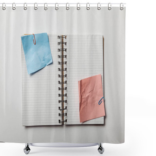 Personality  Top View Of Opened Notebook With Squared Papers And Crumpled Blue And Pink Sticky Notes On White Background Shower Curtains