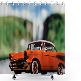 Personality  Retro Car Toy Model In Front Of The Waterfall Shower Curtains