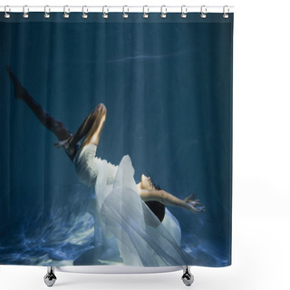 Personality  Lighting On Young Woman In White Dress Diving In Pool With Blue Water  Shower Curtains