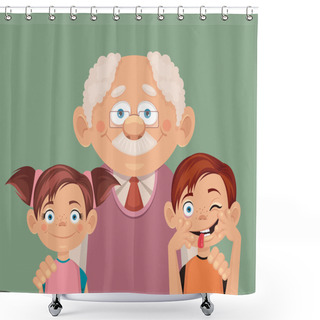 Personality  Grandfather And Grandchildren. Vector Flat Illustration Shower Curtains