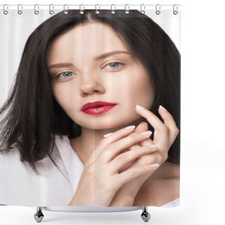 Personality  Pensive Woman Looking At Camera Shower Curtains