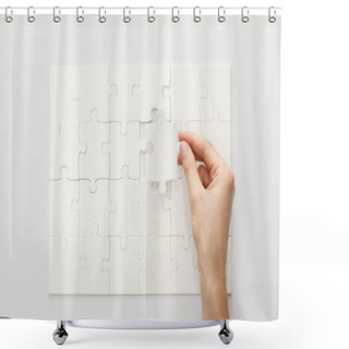 Personality  Cropped View Of Woman Completing Jigsaw Puzzle On White Background Shower Curtains