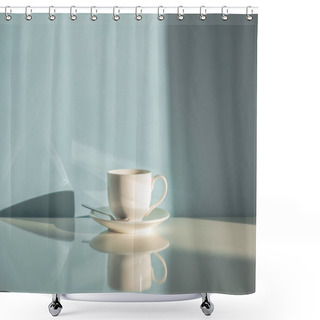 Personality  Cup Of Steaming Coffee On Seafoam Green Background In Natural Sunlight. Abstract Photo Of Hot Espresso Drink On Pale Blue-green Table And Wall Shower Curtains