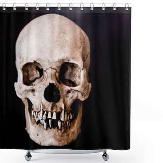 Personality  Fiberglass Human Skull Facing Straight On With A Black Background Shower Curtains