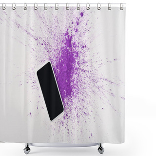 Personality  Top View Of Smartphone With Blank Screen And Explosion Of Purple Holi Powder On White Background Shower Curtains